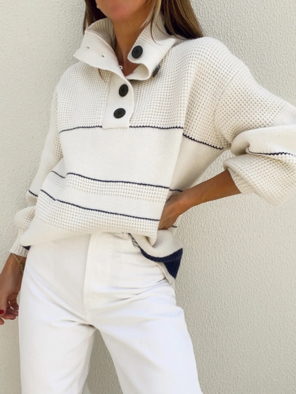 Commense Open Collar Button Up Sweater white midnight blue chunky NWT